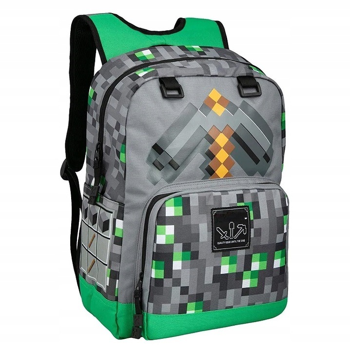 Školský batoh Minecraft s krompáčom sivý – veľký batoh pre deti do školy A4