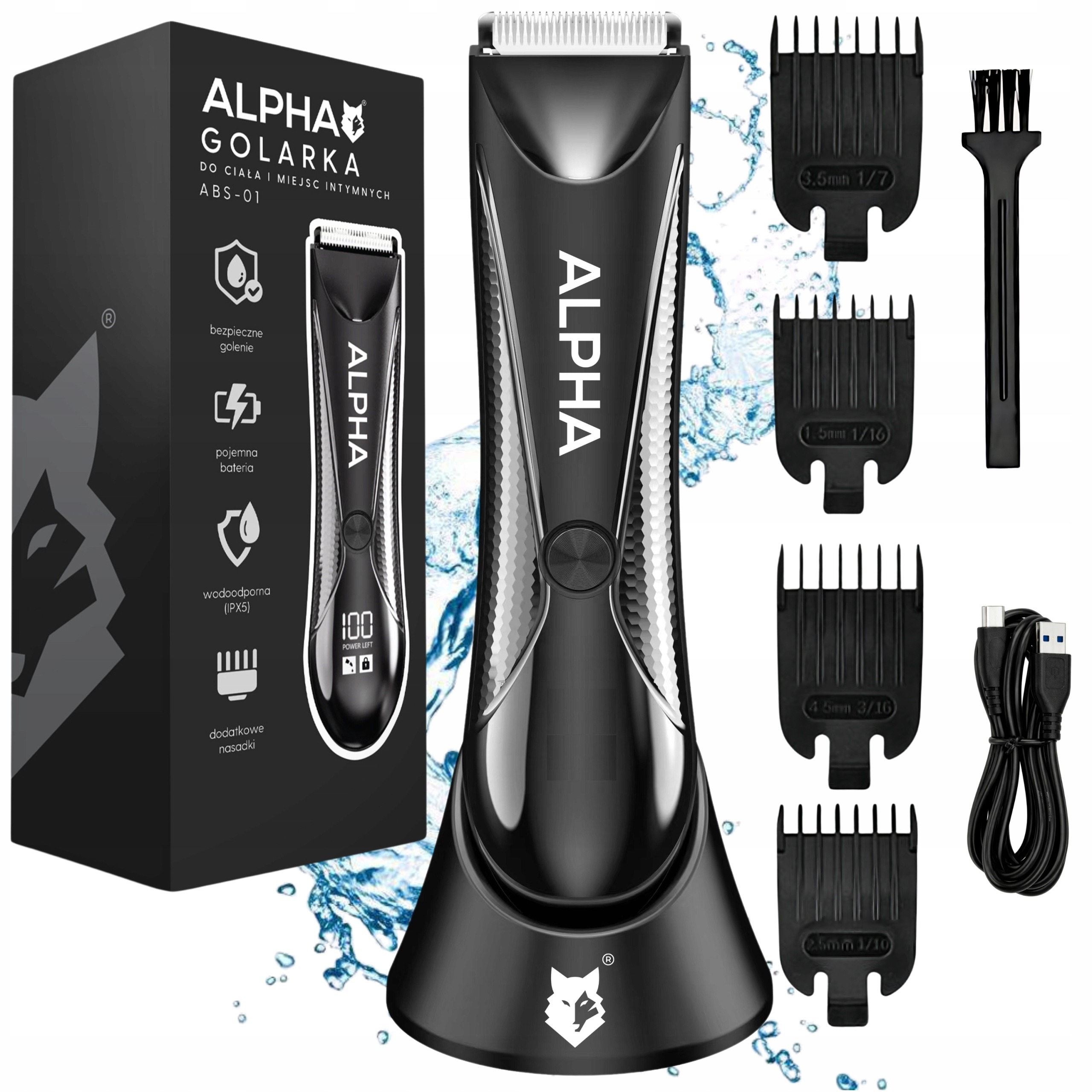 Alpha ABS-01 – Bezdrôtový zastrihávač intímnych partií, brady, vlasov a obočia 4 v 1 s USB-C, LED displejom a dokovacou stanicou