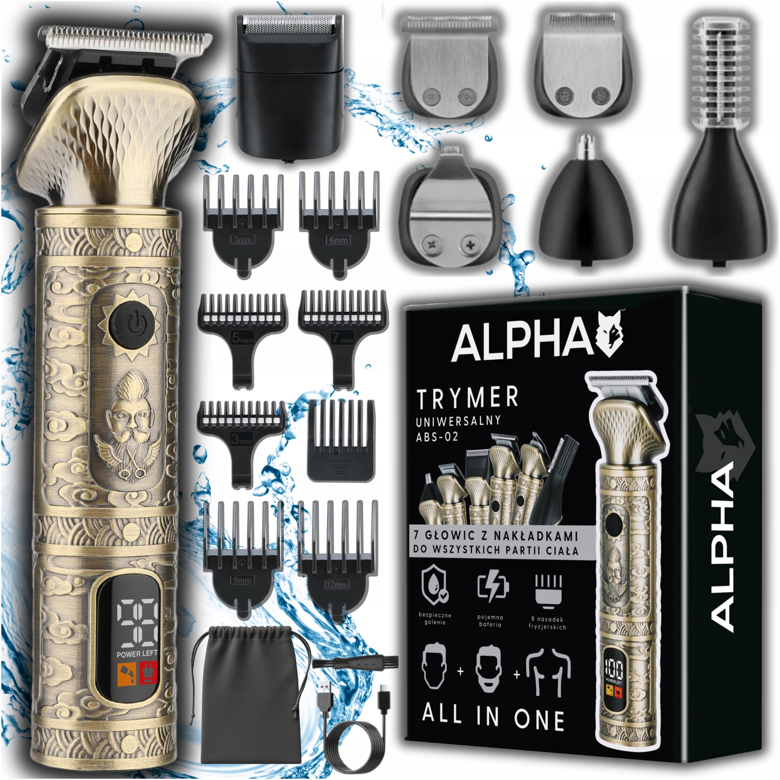 Alpha ABS-02 Trymer 7v1 do brody, włosów, nosa i ciała z USB-C, 90 min bezprzewodowej pracy, metalowy, żółty/złoty