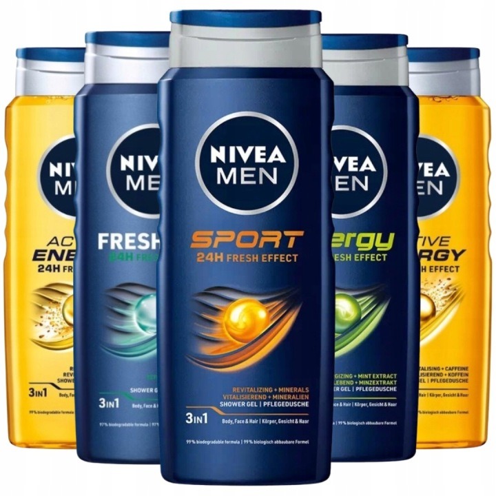 NIVEA MEN 3v1 sprchové gély pre mužov Mix vôní 5 × 500 ml – Active Energy, Fresh Kick, Energy, Sport