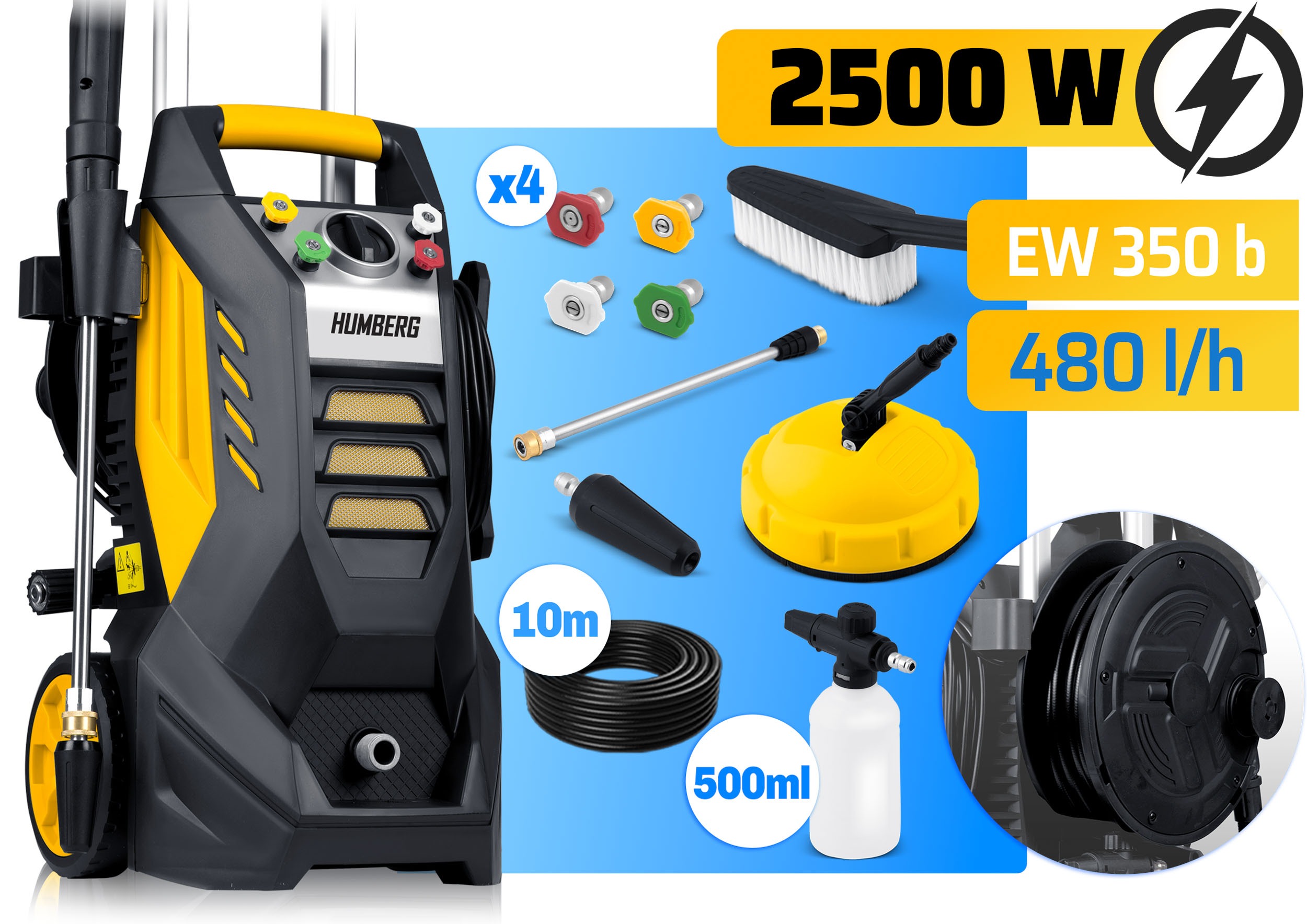 HUMBERG HM-302 vysokotlakový čistič 2500 W 350 bar so samonasávacím čerpadlom