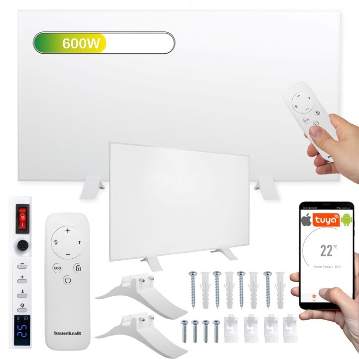 Infračervený vykurovací panel BauerKraft 600 W WiFi 60 × 100 cm biely