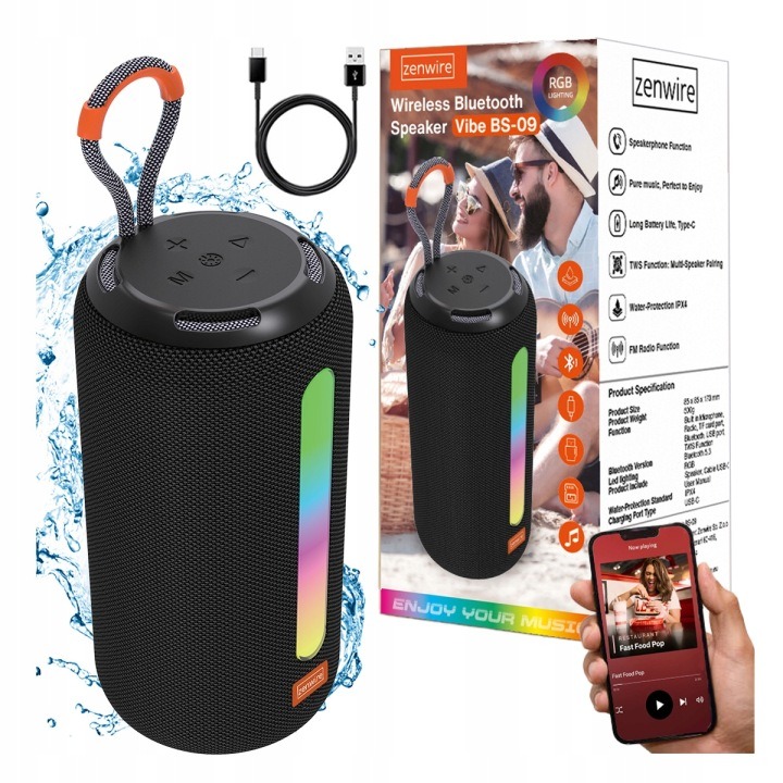 Prenosný Bluetooth reproduktor 26 W FM rádio IPX4 RGB USB SD AUX TWS 2500 mAh Zenwire BS-09