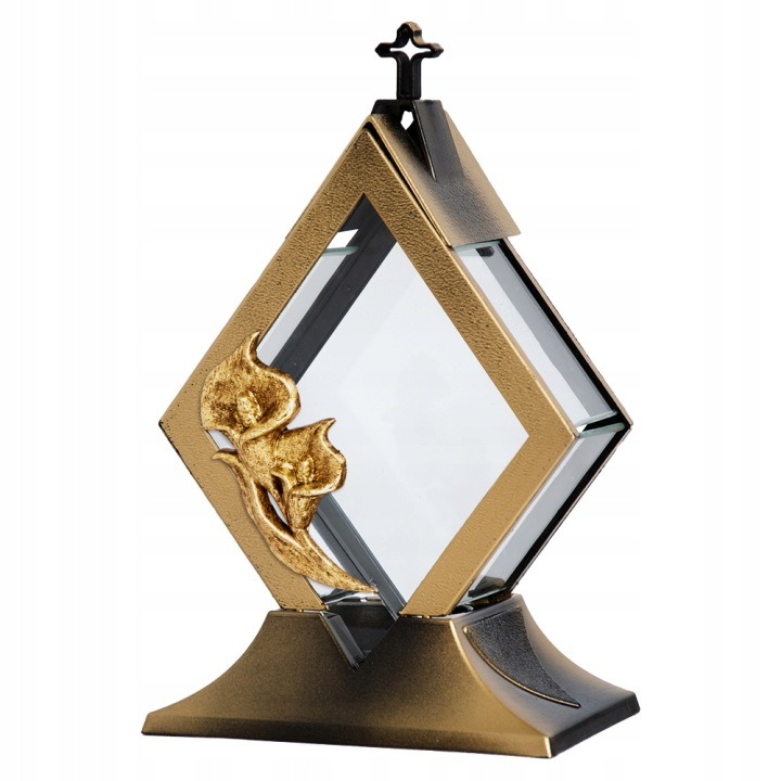 Zlatý sklenený náhrobný lampáš DIAMENT KALIA 35 cm – elegantná sviečka na hrob s kvetinovým motívom