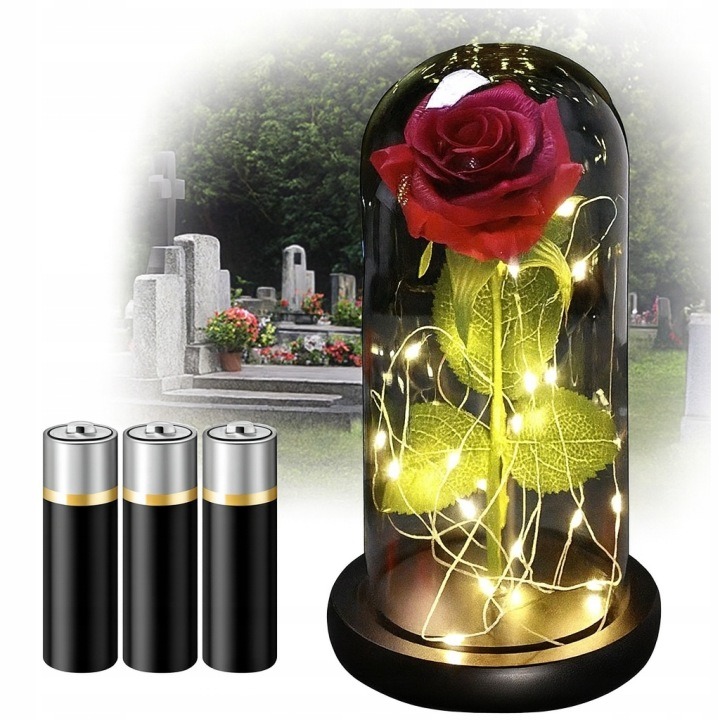 LED sviečka na hrob Eternal Rose v skle 21 cm – večná ruža so svetlom na batérie