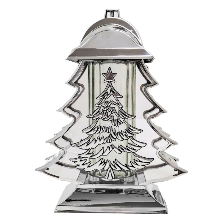 Strieborný chrómový lampáš na hrob CHOINKA 32 cm – elegantná LED sviečka v tvare stromčeka