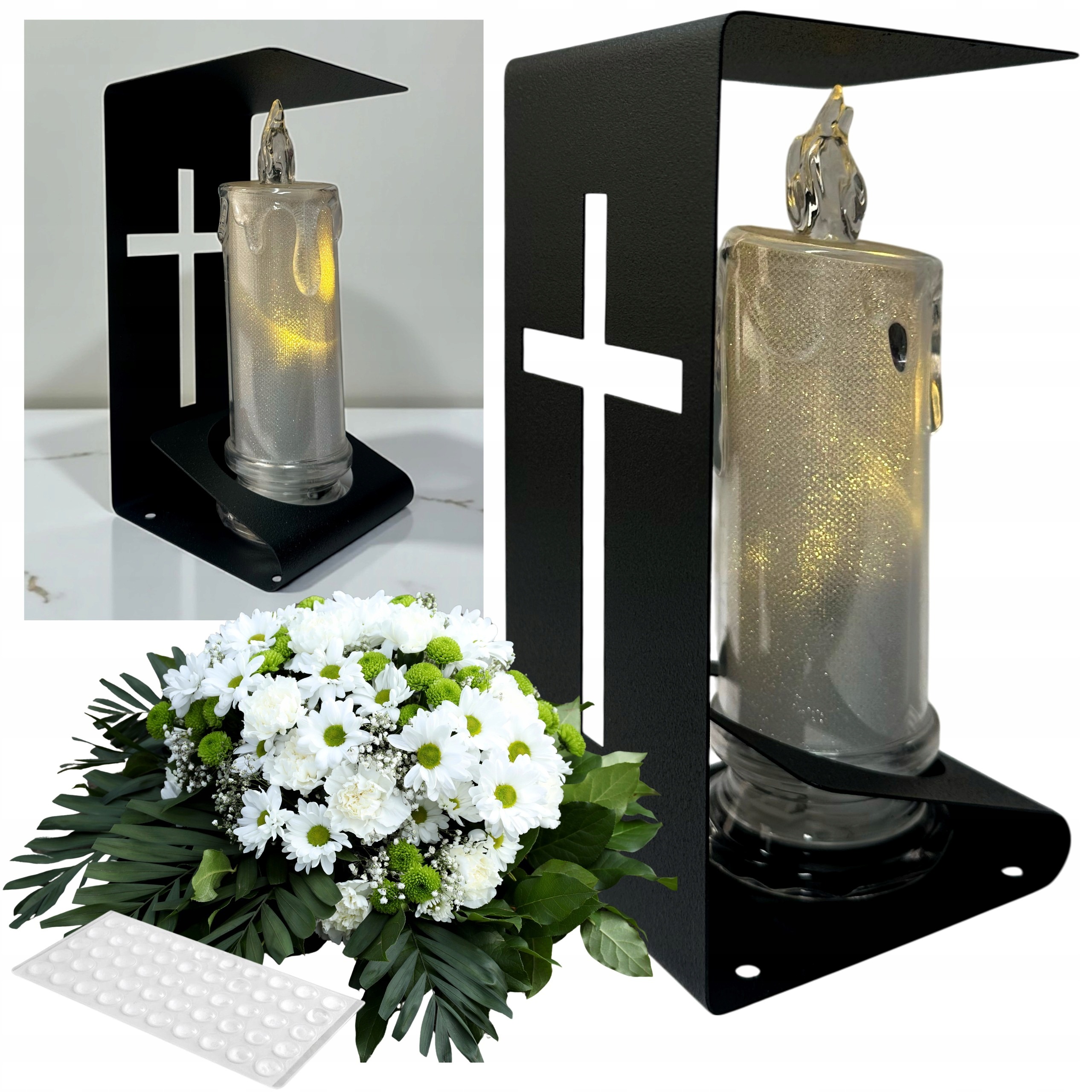 Čierna kovová náhrobná podložka pod sviečku 18 cm – s LED lampášom, silikónovými podložkami a nápisom Pamätáme