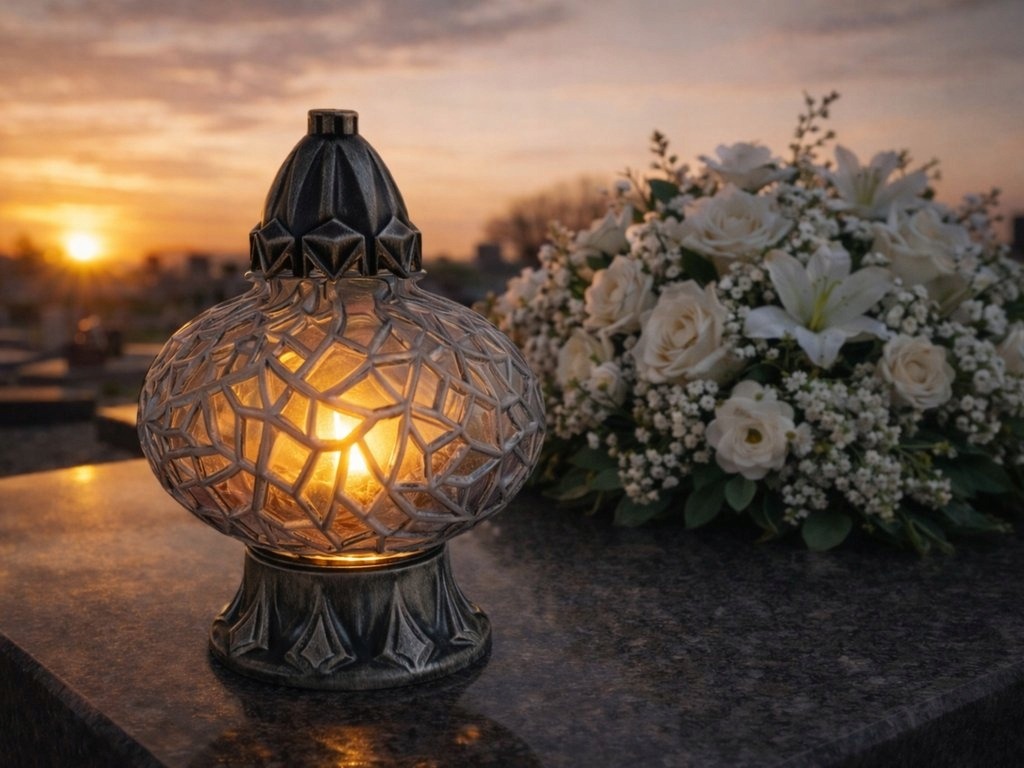 Dekoratívna cintorínska sviečka s vložkou 35 cm – elegantný sklenený lampáš na hrob s ozdobným dizajnom