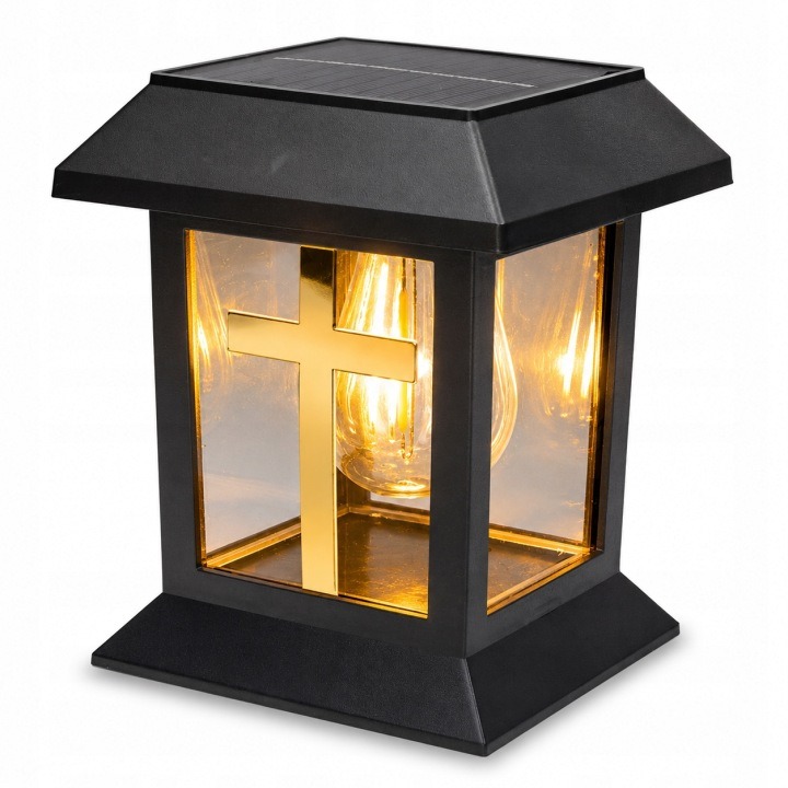 Solárna LED lampa na hrob so zlatým krížom – moderná cintorínska sviečka, IP44
