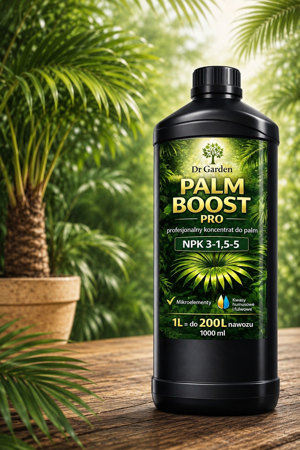 Koncentrát palmového hnojiva Dr Garden PALM BOOST 1L NPK 3-1,5-5 pre zdravé a silné listy