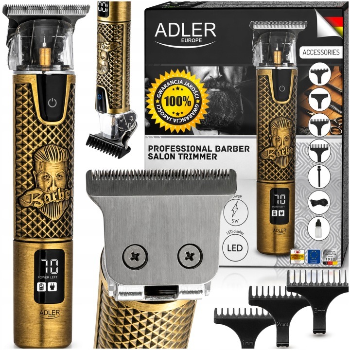 Adler AD2970 Trymer do brody, włosów i ciała z ostrzem Black Diamond DLC, 7000 obr./min, 0,3–3 mm, LED, USB-C
