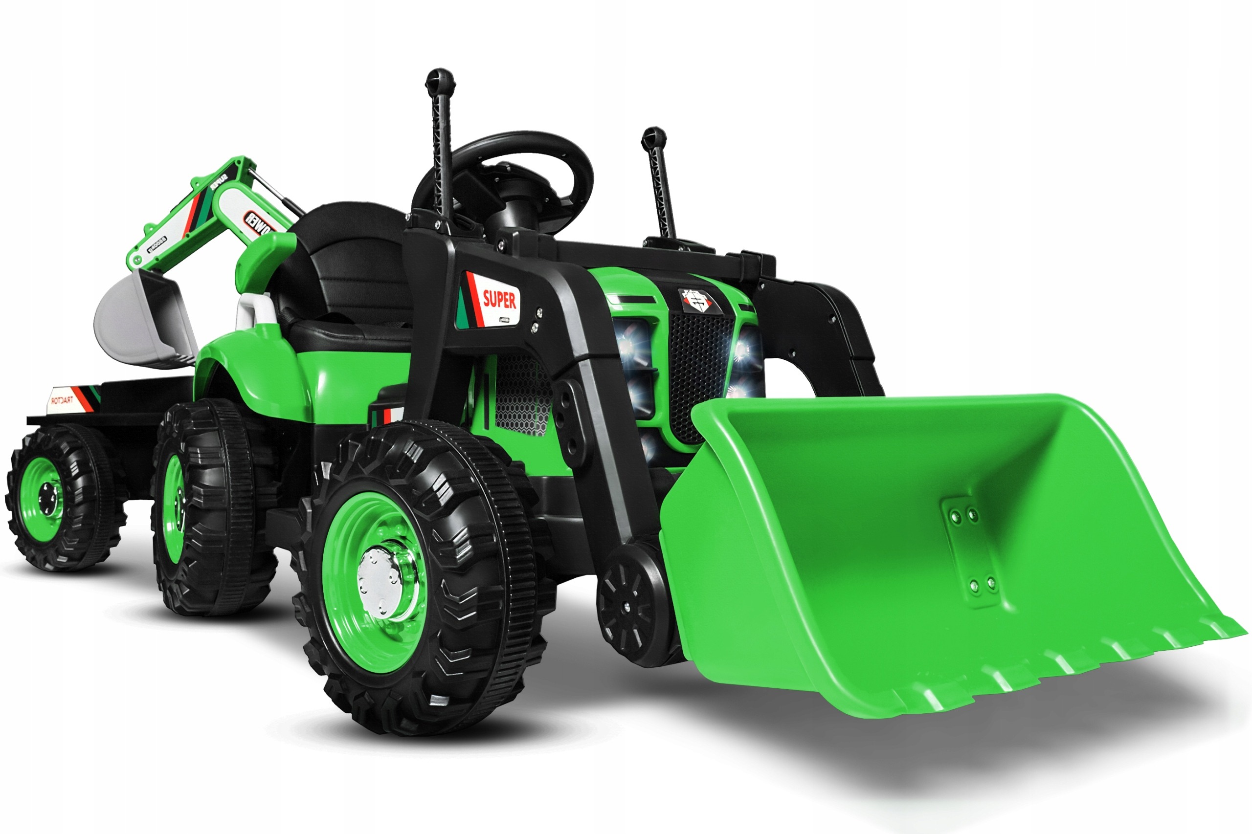 Detský elektrický traktor Joy4kids 3v1 s bagrom, prívesom, lyžicou, 12V batériou a diaľkovým ovládaním