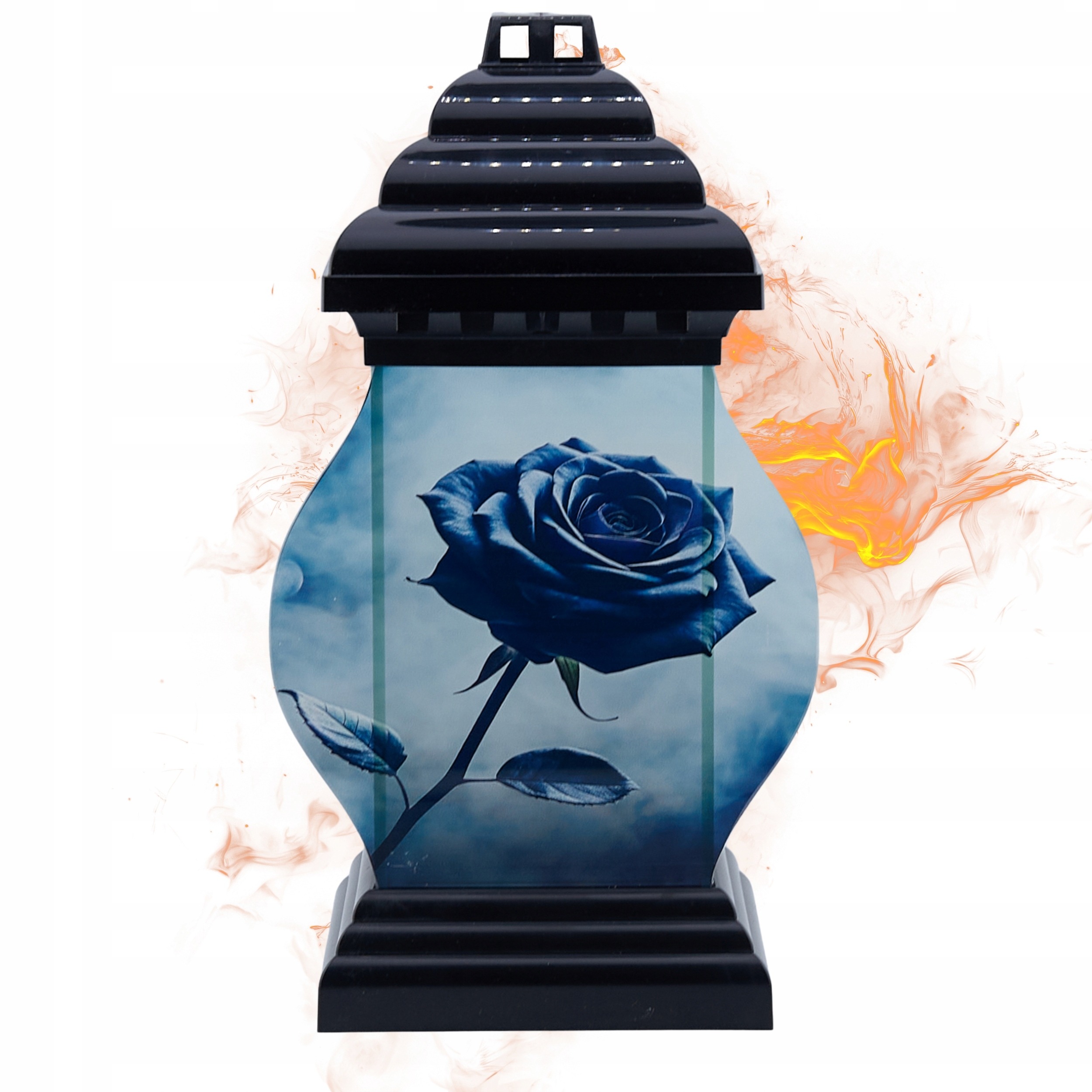 Sklenená náhrobná sviečka s motívom modrej ruže 31 cm – čierny lampáš s elegantnou kvetinovou grafikou