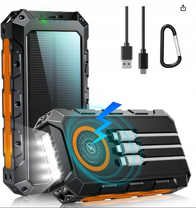 Solárna powerbanka 20000 mAh SOS LED 7v1 bezdrôtová USB-C micro USB Lightning čierna