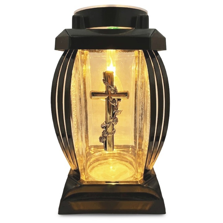 Solárna LED lampička na hrob s krížom – biele sklo, teplé svetlo, 24 cm