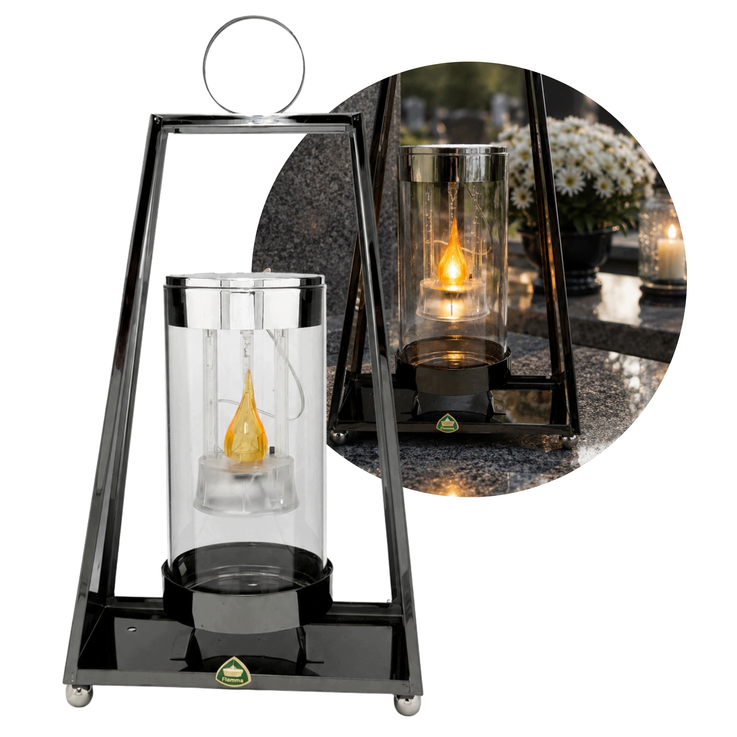 Solárny náhrobný lampáš LED Grafit 30 cm – prémiový kovovo-sklenený lampáš s efektom plameňa