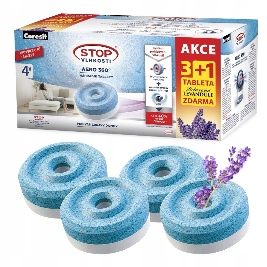 4 CERESIT ABSORPČNÉ TABLETY STOP VLHKOSTI AERO 360 3+1 NEUTRÁL + LEVANDUĽA
