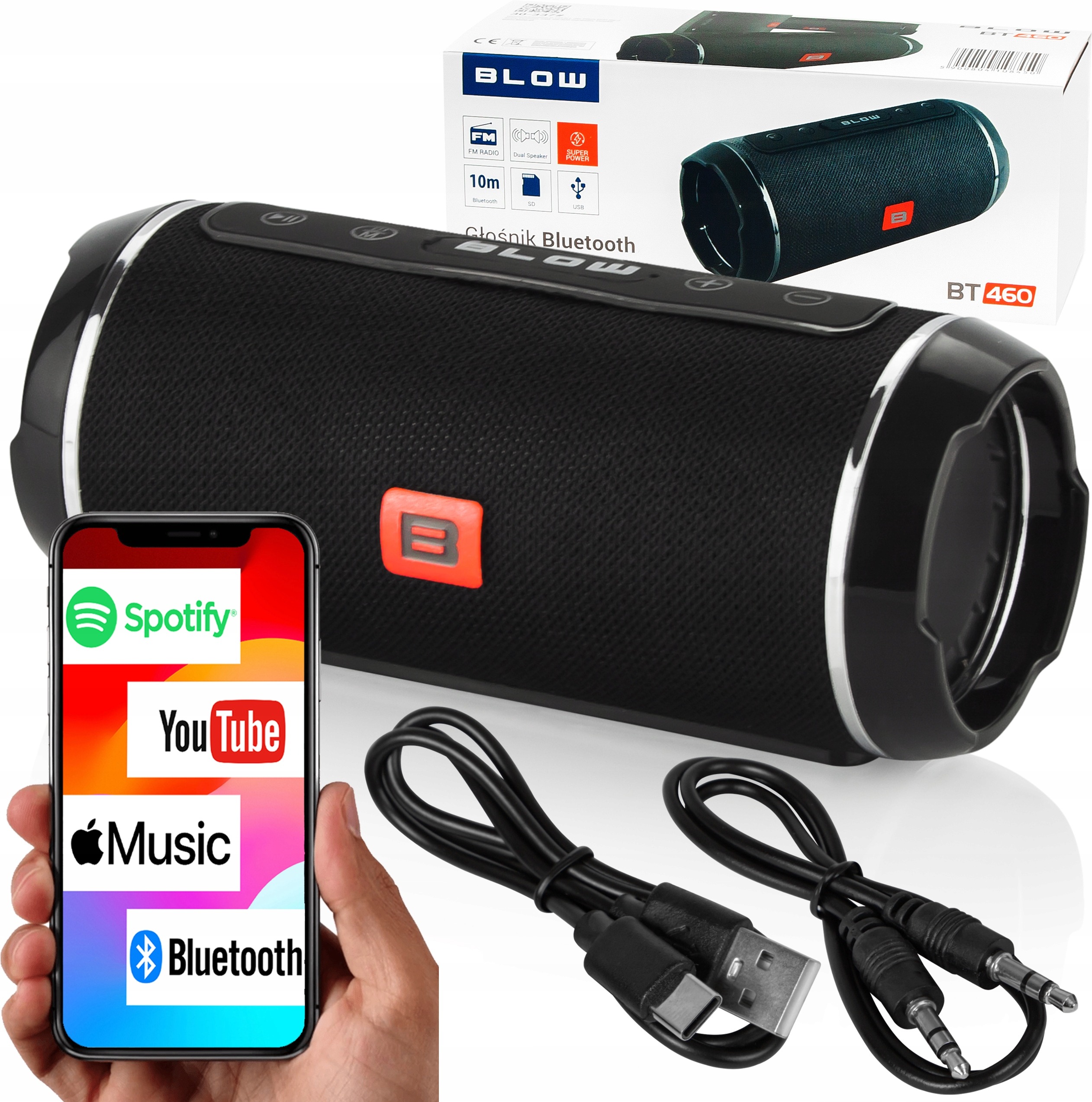 Bluetooth reproduktor BLOW BT460 2×10 W FM rádio USB SD AUX prenosný boombox 2000 mAh čierny