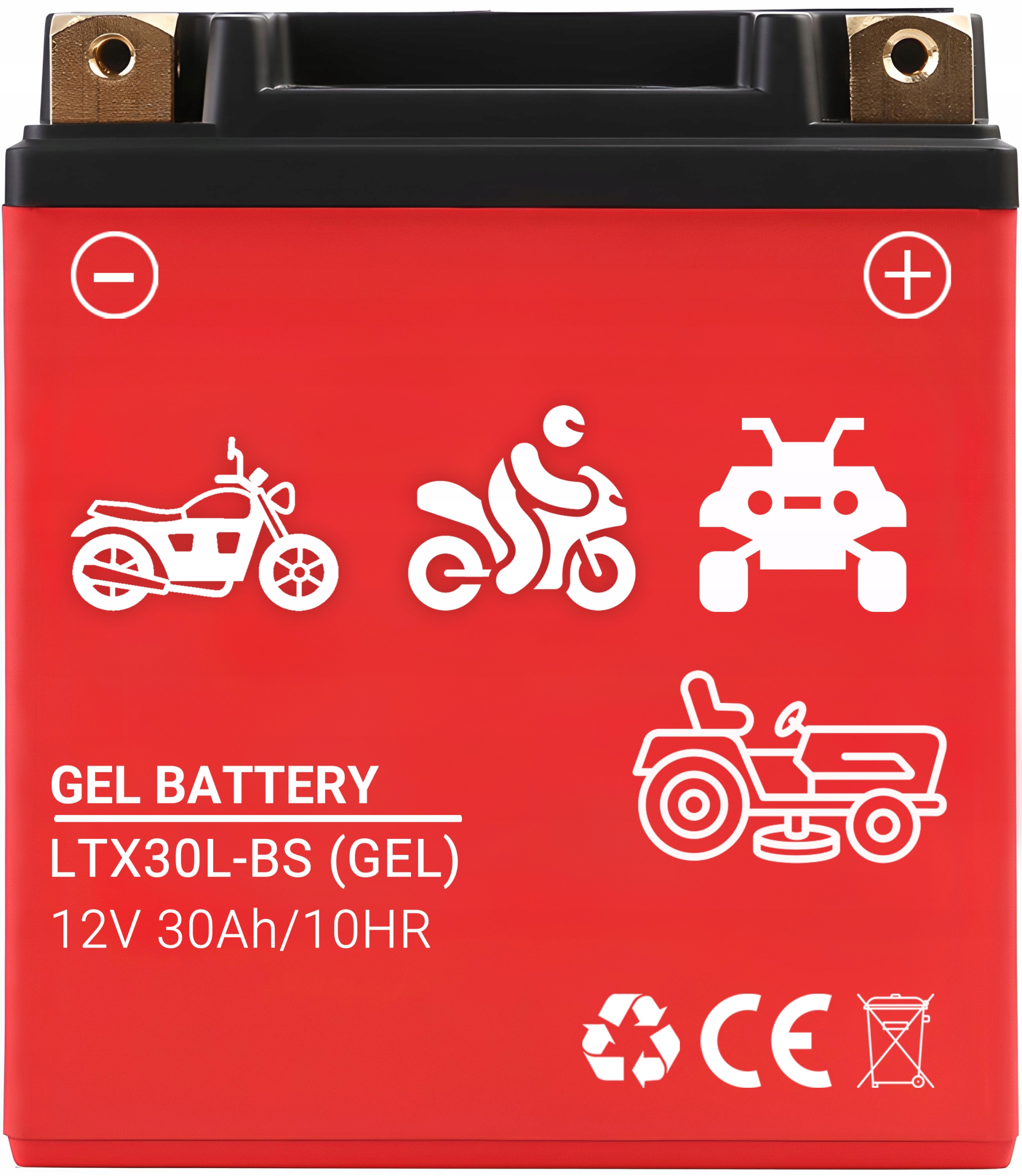 BATÉRIA PRE MOTOCYKEL, KOSAČKU NA TRÁVU, TRAKTOR, GÉLOVÁ, BEZÚDRŽBOVÁ 12V 30AH P+