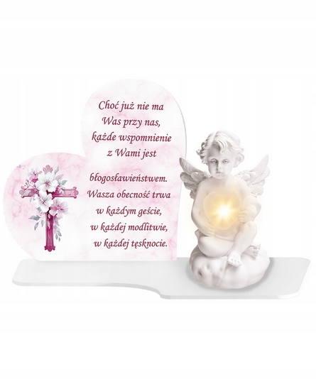 Pamätná lampička Anjel LED s mramorovým srdcom XL na cintorín