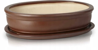 Kvetináč na terasu - Hnedý keramický bonsajový hrniec 25cm s podšálkou