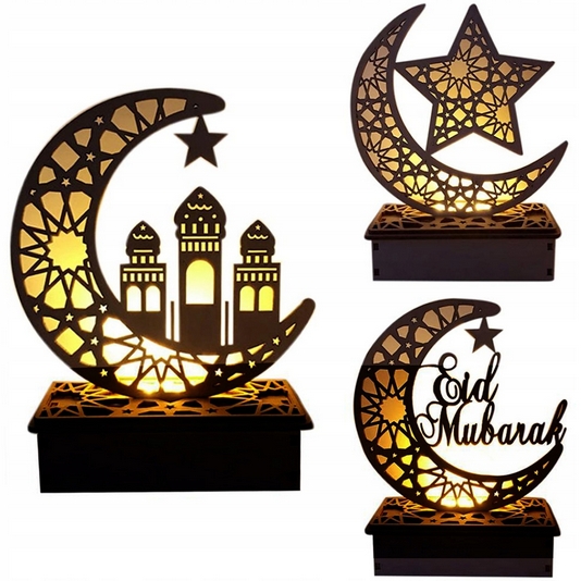 Drevená dekorácia v tvare mesiaca s LED osvetlením na Ramadan Eid Mubarak