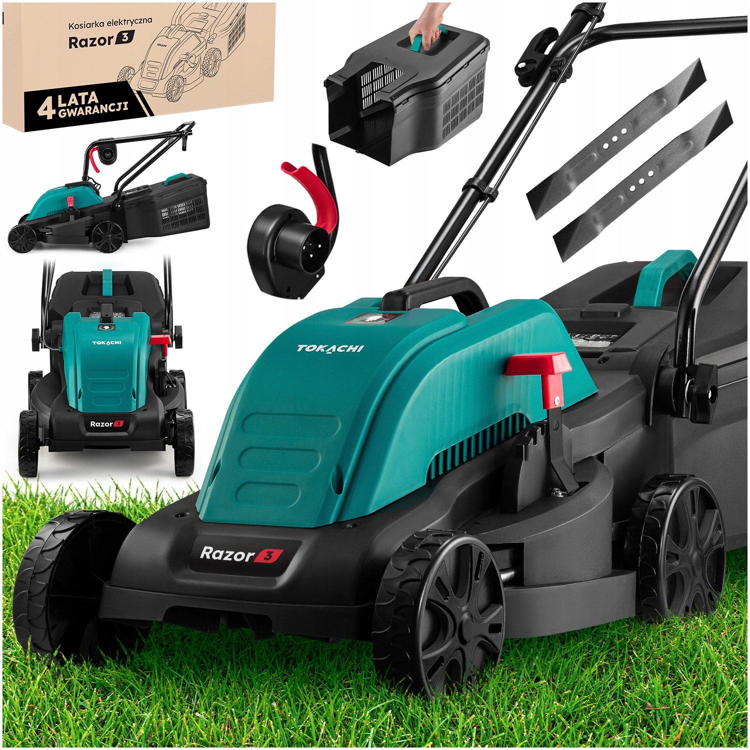 Elektrická kosačka na trávu Tokachi Razor 3 s výkonom 2000 W, indukčná, 33 cm, košom 30 l, nastaviteľnou výškou.