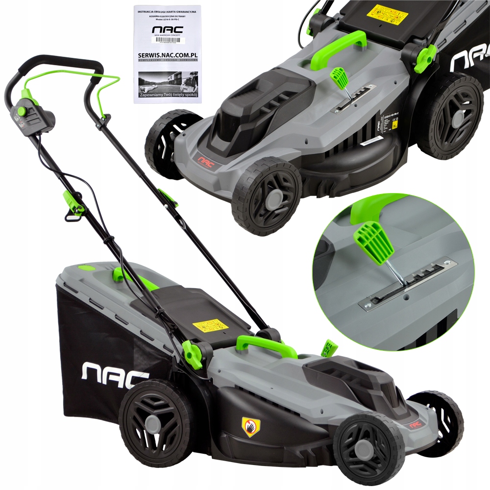 ELEKTRICKÁ KOSAČKA NA TRÁVU NAC 1600 W ŠÍRKA 38 CM CENTRÁLNE NASTAVENIE VÝŠKY