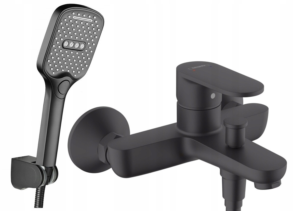 Nástenná jednopáková vaňová batéria Hansgrohe Vernis Blend čierna + Reihe EMOS exponovaný sprchový set