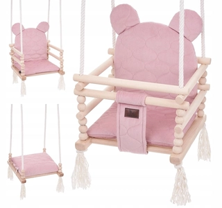 Záhradná hojdačka - Detská hojdačka Drevený zamatový medvedík 3v1 Dirty Pink
