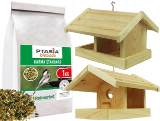 Dekoračný predmet do záhrady - Krmivo pre sýkorky na báze obilia 1kg + masívne drevené krmítko BUDKA