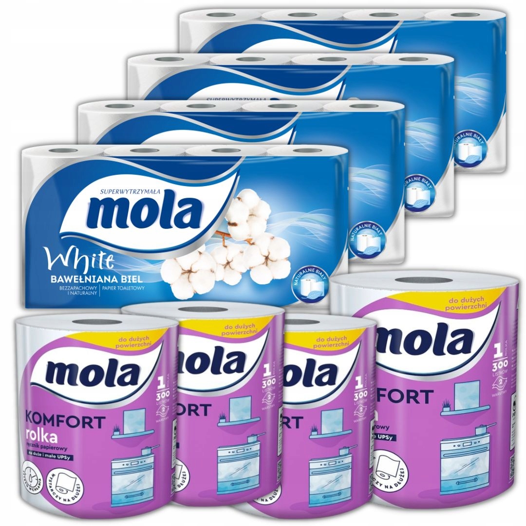 4× Mola toaletný papier neparfumovaný 8 ks + 4× Mola Komfort celulózová papierová utierka, biela, 300 listov