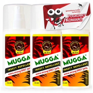 Repelent proti hmyzu - 3× Mugga Deet sprej proti komárom a kliešťom 50% 75 ml + Samolepiace etikety v obdĺžnikových hárkoch 1 ks.