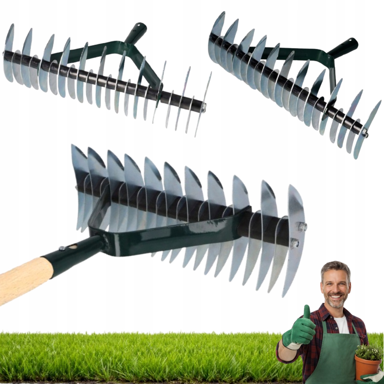Ručný prevzdušňovač trávnika, vertikutátor, 38 cm, hrable s rukoväťou, 150 cm
