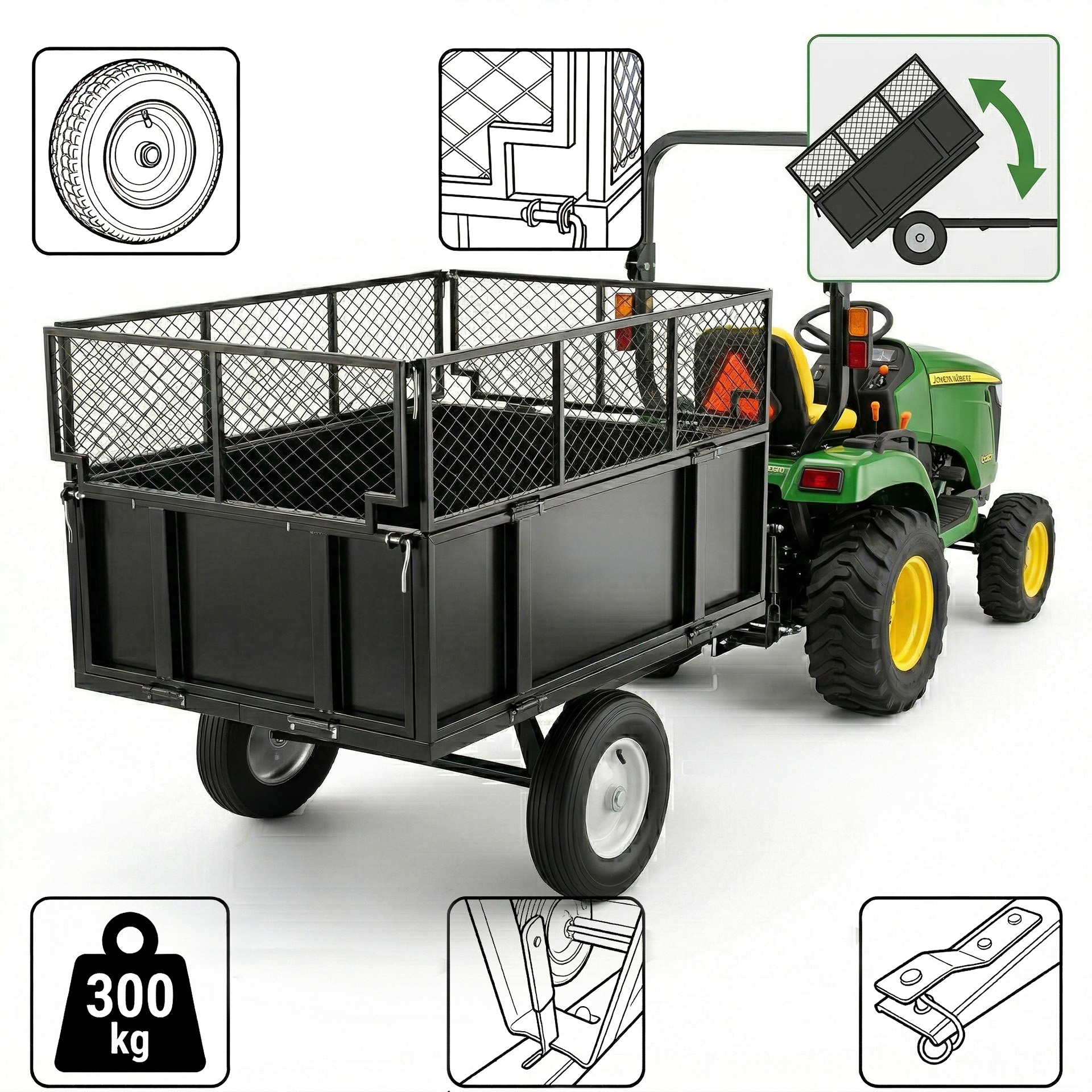 Príves za štvorkolku alebo záhradný traktor so sklápačom a odnímateľnými bočnicami, 300 kg