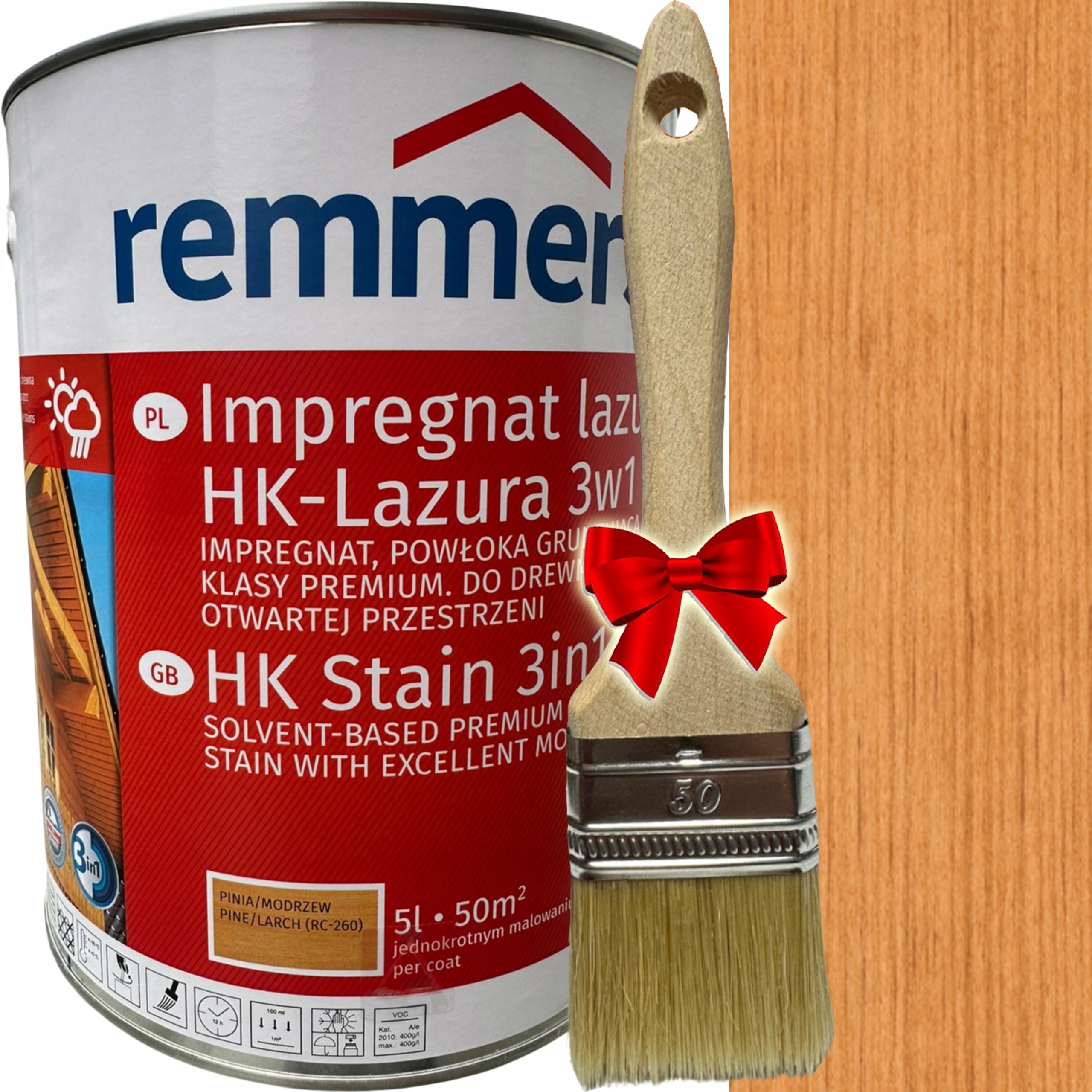 Remmers HK-Lazura 3v1 lazúrovací prostriedok Borovica/Smrekovec 5 l + Rovná plochá kefa 5904122341216 5 cm