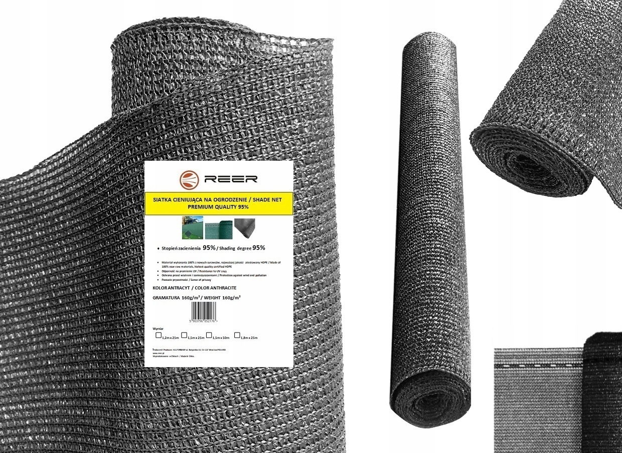 160g TIEŇOVACIA SIEŤ MASKOVANIE 95% KRYT NA PLOT 1,5x50m ANTRACIT