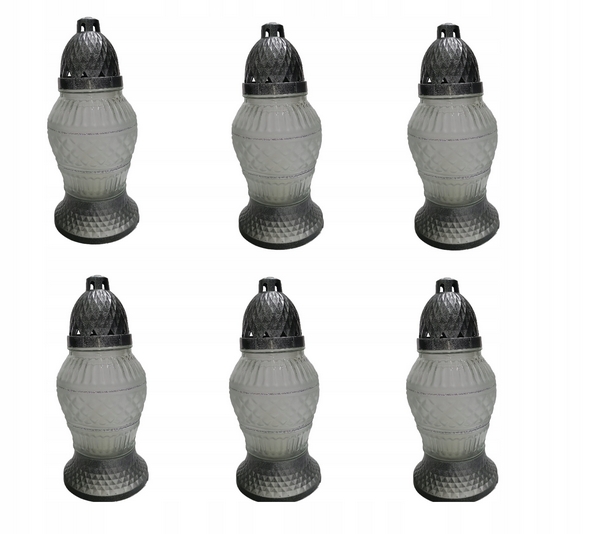 Sada 6 ks Sklenených Pamätných Sviec so Strieborným Brokátom 25,5 cm