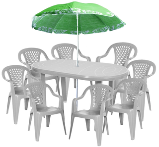 Záhradný nábytok - SIVÁ SILNÁ! PLASTOVÁ SADA 8 + 1 VEĽKÝ STOL + UMBRELLA