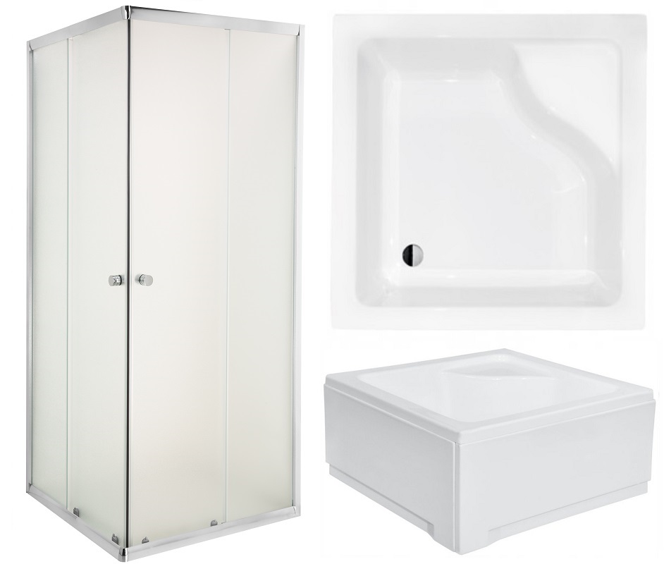 Sprchový kút Invena Parla s posuvnými dverami 80 x 80 cm + štvorcová sprchová vanička Besco Igor 80 x 80 cm biela