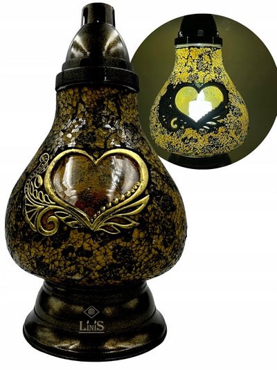 Elegantný lampáš vitráž karafka so zlatým srdcom