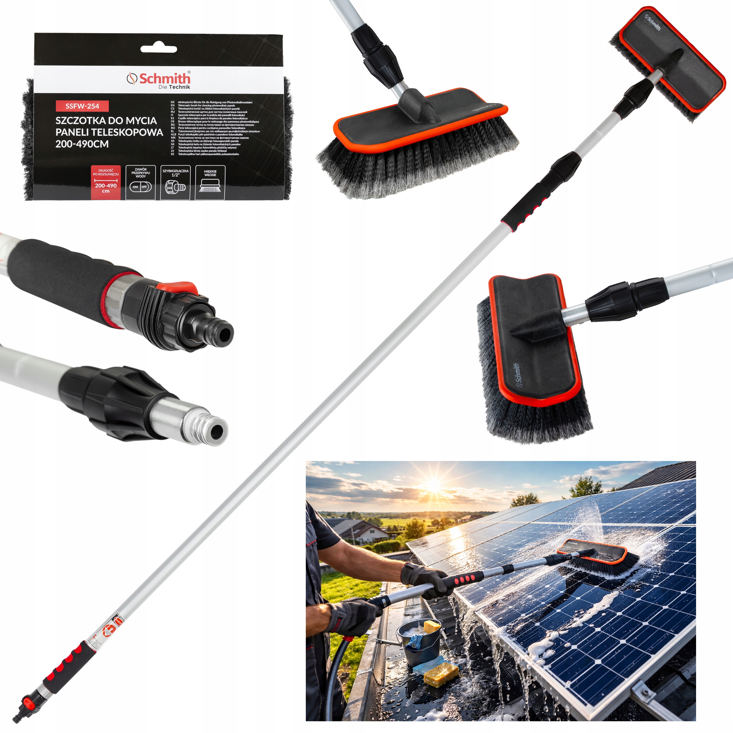 Teleskopická kefa Schmith na čistenie fotovoltaických panelov 200-490 cm