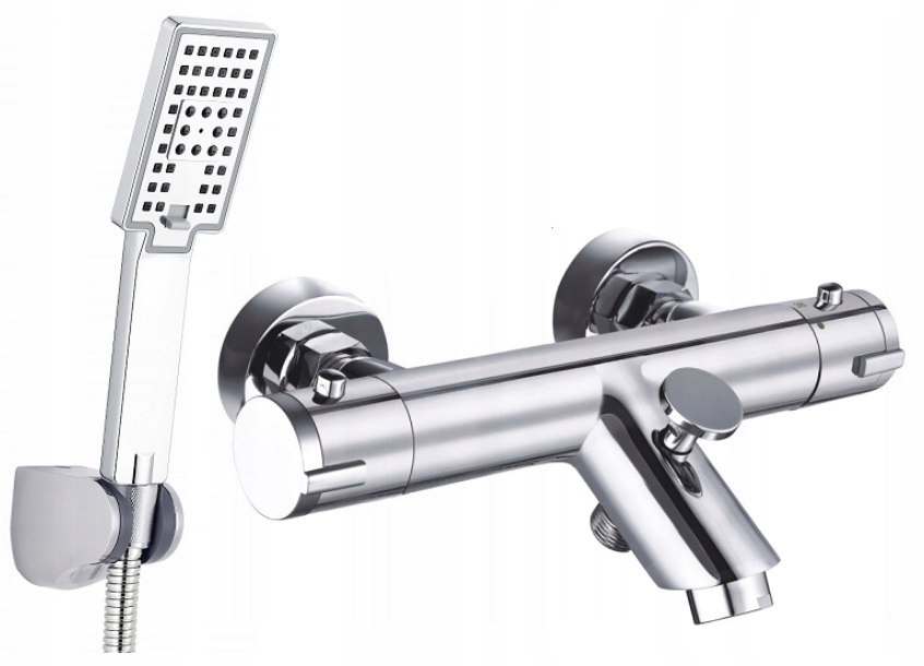 Chrómová vaňová a sprchová batéria Reihe Termo + sprchový set Reihe Cubic
