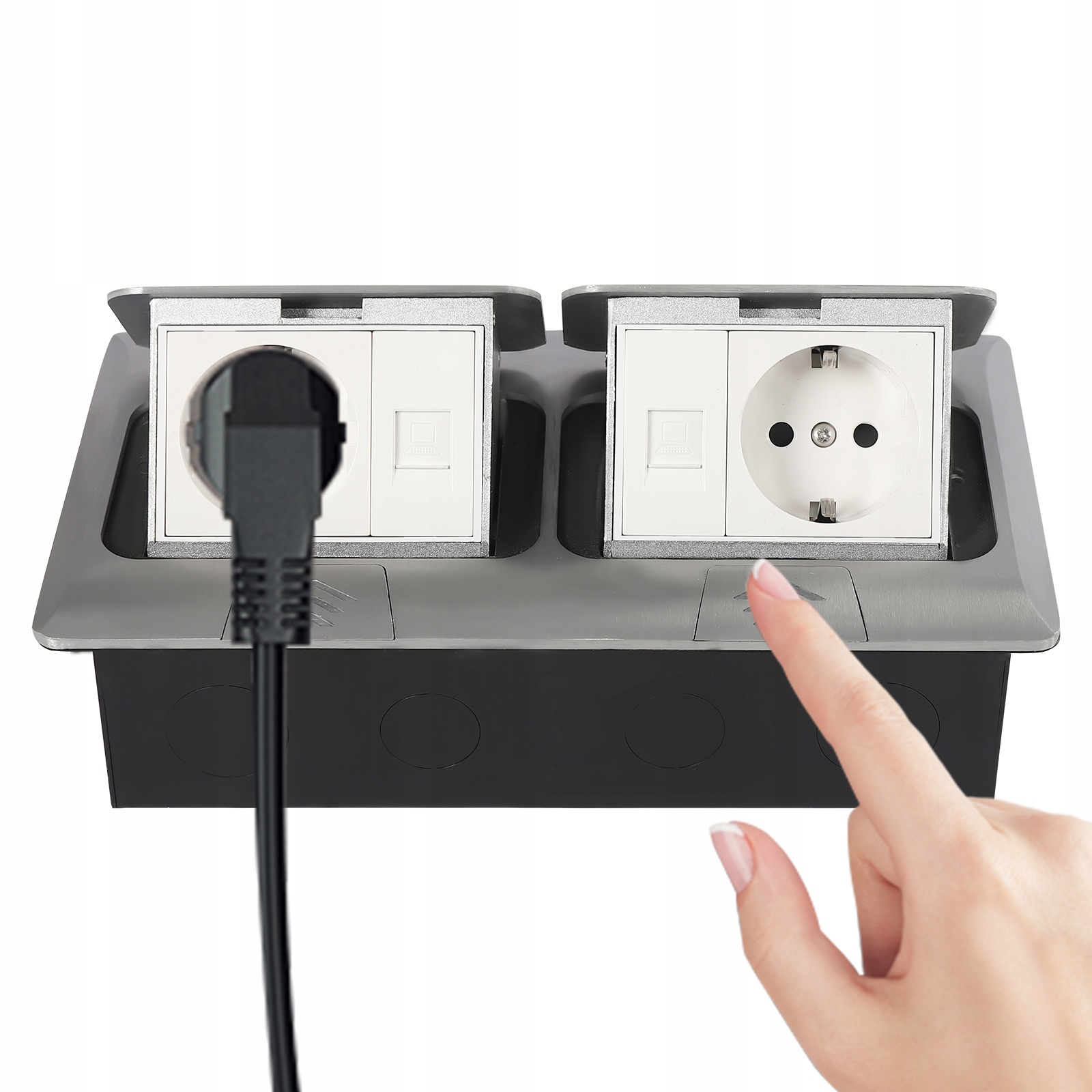 Elektrická zásuvka podlahová krabica 101 svieti strieborná