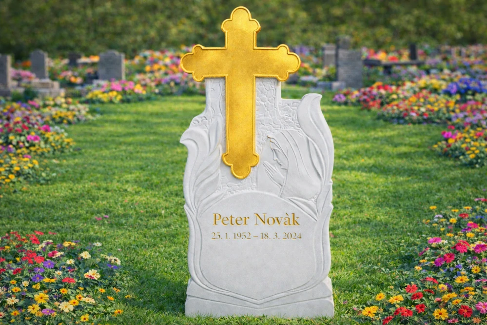 Betónový náhrobný pomník CR-3 so zlatými detailmi 130 × 60 × 6 cm