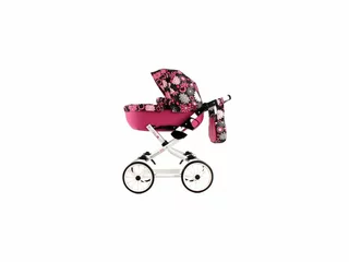 Kočiar pre bábiky Toddler chróm W-222 kožený RETRO RUŽOVÝ s kvietkami VYPR