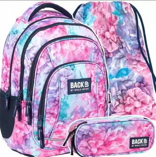 Školská taška - batoh BackUP+taška na prezuvky+peračník+desiatový box+fľaša na vodu pastel kvety