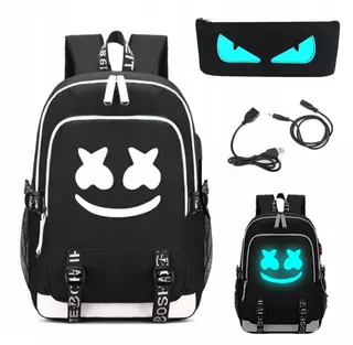 Školský batoh - ruksak DJ MARSHMELLO+peračník+USB ČIERNY s bielym pásikom VYPR